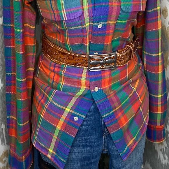 Ralph Lauren Bright Jewel-Tone Check Plaid Cotton Flannel Suede Patch Workshirt - Picture 15 of 16